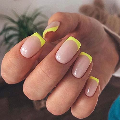 RikView Oval French Tip Nails, 24 PCS Glossy Yellow Press-On Fals...
