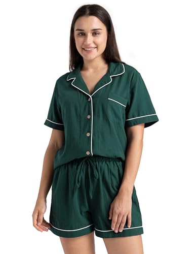 Image of Womens Muslin Pajama Sets 100% Cotton Double Gauze Linen Like Short | Breathable Soft Comfort Button Up Loungewear Sleepwear PJ Set