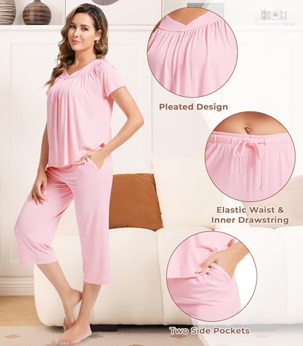 Image of NACHILA Pajamas for Women-Viscose Made from Bamboo, Short Sleeve Sleepwear Soft Capri Pants Pajama Set Pleated Loungewear