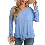 ENMAIN V Neck Long Sleeve T Shirts for Women Blue Basic Drawstring Blouse Tees Elastic Hem Spring Fall Loose fit Work Soft Tunic Top 2026 Trendy