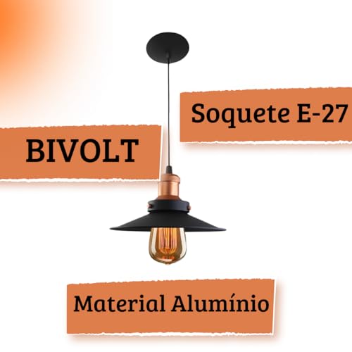 Kit 3 Luminárias Pendentes Estilo Nórdico, 22 cm, Preto com Cobre, Vintage, Retrô, Industrial