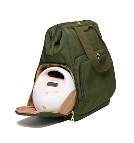 Image of Sarah Wells Norah Breast Pump Backpack for Work & Travel – Insulated Milk Storage, Laptop Sleeve, Stylish Diaper Bag Alternative with Wide-Open Frame – Hands-Free Pumping Bag (Olive)