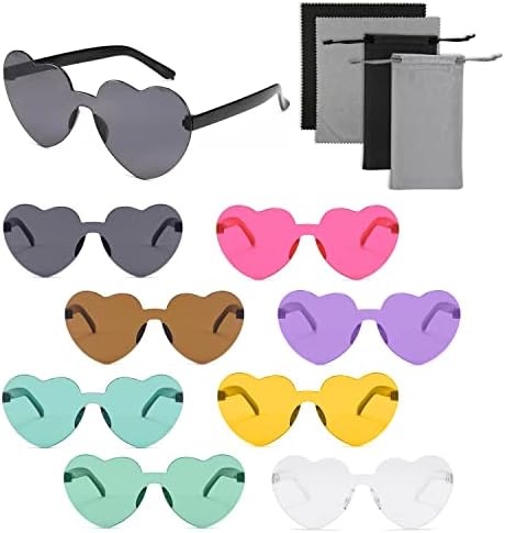 YSDYY 8 pack glasses heart-shaped rimless glasses cloth, colorful hippie glasses, trendy sunglasses for adults and kids party supplies, with glasses, glasses pouch