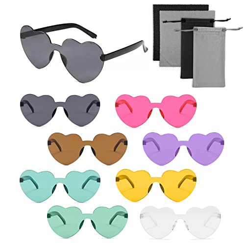 YSDYY Lot de 8 lunettes en forme de cœur sans monture, lunettes hippie colorées, lunettes de soleil tendance pour adultes et enfants, lunettes à sangle, étui à lunettes Cover