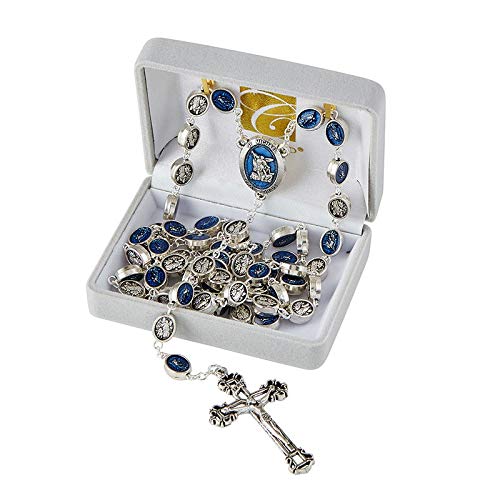 Elysian Gift Shop Religious Saint Michael The Archangel Blue Enamel Silver Pleated Rosary Necklace with St Michael Medal Centerpiece and Oval Silver Tone and Enamel Beads