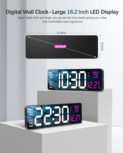 Image of JoFomp Modern 16 inch Large Digital Wall Clock with Remote Control, LED Display, Auto-Dimming, Countdown, Temperature, Calendar - 12 /24Hr Format - Silent Wall Clock for Home, Office, or Gym Use (Pink)