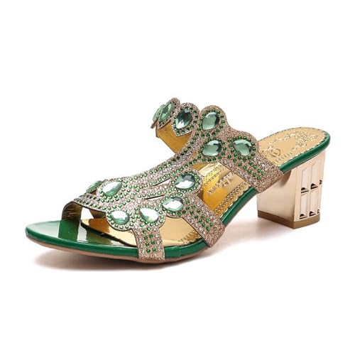 Sandales romaines d'été 2026 pour femme avec lanières en strass - Talon moyen - Chaussures à enfiler - Chaussures de plage confortables pour les loisirs,...
