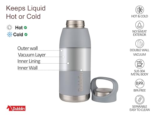 Image of Dublin Hiker 500 ML Stainless Steel Water Bottle, Vacuum Insulated Sports Bottle with Flip Lid, Leakproof Travel Flask (Grey)