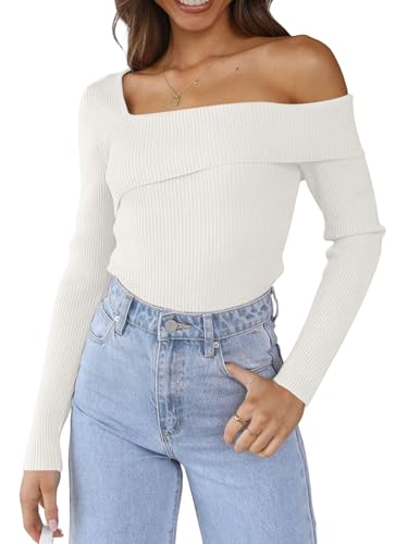 Image of LILLUSORY Womens Off the Shoulder Sweaters Going Out Fall Top | Flattering Ribbed Knit Bodycon Pullover for Date Night,Chic Asymmetric Neckline,Stretchy Holiday Party Clubwear Clothes