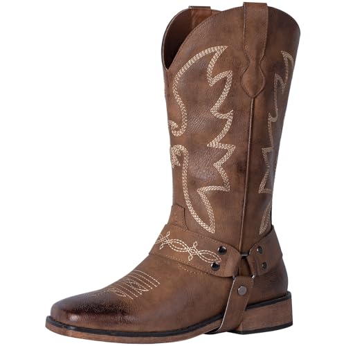 SheSole Womens Square Toe Cowgirl Cowboy Boots Wide Calf Fashion Western Shoes Brown US 9