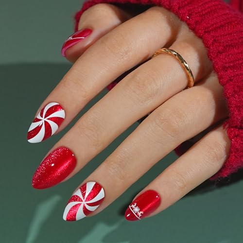 Christmas Press On Nails Almond - Jofay Fashion Red Cat Eye Press...