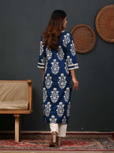 Image of Rimeline Women's Cotton Printed Kurta with Lace Yoke Detail | Elegant Straight Fit Ethnic Wear for Office, Casual & Daily Styling