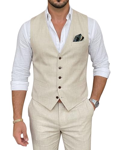 Men's Suits Slim Fit 2 Piece Suit Set Beige Casual Linen Wedding Suit Prom Groomsmen Tuxedos Summer Beach Vest Pants Set M