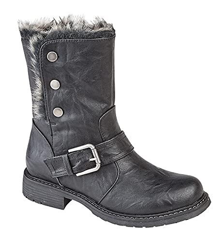 Image of Miss Shoes Women's Faux Fur Lined Biker Style Ankle Boots with Fold Down Collar (Black, UK Footwear Size System, Adult, Women, Numeric, Medium, 5)