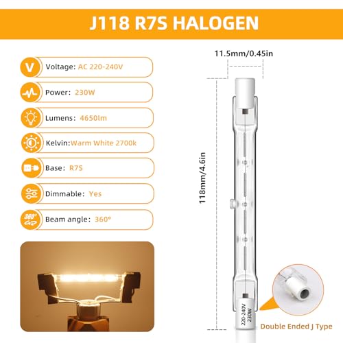 Caldarax 2 Pack R7s Halogen Bulb 118mm 230W Dimmable, J118 Security Light Bulb, 230V 4560LM 2700K Warm White, Linear Halogen Floodlight Bulbs for Work, Spotlights, Landscape Lights, Floor Lam