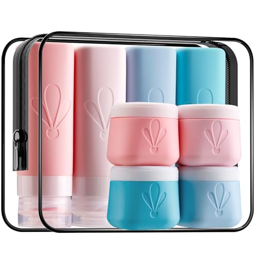 INSFIT travel bottles for toiletries 8 Pack, Leak proof Travel Size Toiletries Containers with toiletry bag, Squeezable Silicone Bottles & Cream Jars, Travel Essentials BPA-Free kit for Shampoo