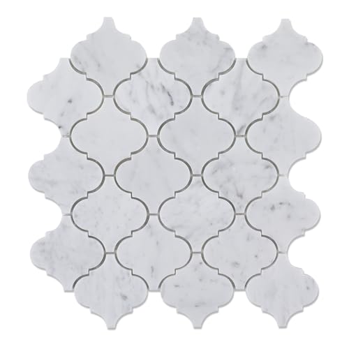 Adolif Carrara White Marble Mosaic Tile, 3 Inch Arabesque Lantern