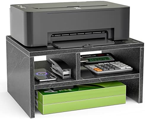 Printer Stand for Desktop, Wooden Printer Stand Shelf with Storage, Printer Shelf for Desk, Printer Holder for Home Office, Faux Black Marble, 15.7”L x 11.8”W x 8.2”H