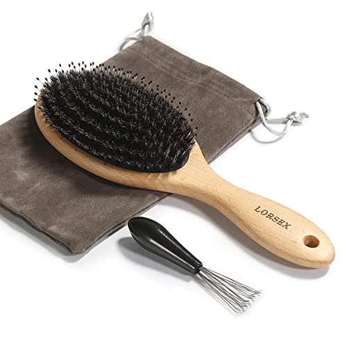 LORSEX Brosse à cheveux, démêlante en poils de sanglier pour femme, homme et enfant, pour massage lissant pour tous types de cheveux, avec nettoyant et sac de voyage (Hêtre d origine classique)