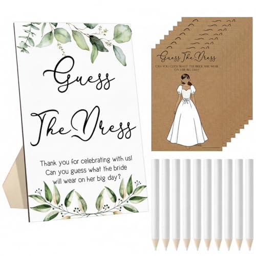 Seajan 50 Sets Guess The Dress Bridal Shower Game Wooden Sign Fun Bridal Shower Games Table Sign 50 Small Guessing Cards 50 Pencils for Guests Wedding Bachelorette Party Supplies(Green Leaves)