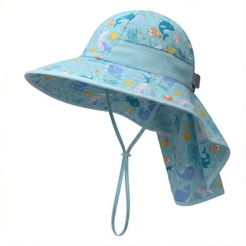 icolor Kids Sun Hat UPF50+ Sun Protection Bucket Hat Toddler Summer Beach Play Hats with Neck Flap for Girl Boy Ages 3~10 (Cartoon sea World)