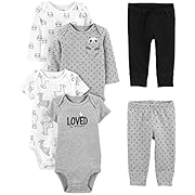 Simple Joys by Carter's Baby 6-Piece Neutral Bodysuits (Short and Long Sleeve) and Pants Set, White/Grey, Panda/Llama/Love, 12 Months