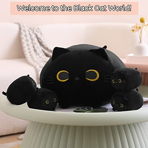 SQEQE Black Cat Plush, Black Cat Stuffed Animals Plushie with 4 Cute Babies Cat Plushies in her Tummy, Soft Black Cat Plushie Pillow Gifts for Kids