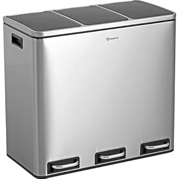 Homra Triple Kitchen Bin Large 3x18l – Triplet Rubbish Bins 3x18l - 3 Compartment Pedal System – Trio Section Waste&Recycling Separation – Soft Close – Inner Buckets with Handles - Stainless Steel