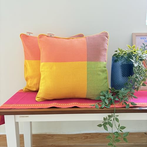 Image of RANGBHAR Handloom 100% Cotton Cushion Cover Set of 2 | Cushion with All-Around Piping for Premium Finish | 16x16 Inches Hand Woven Striped Cushion Covers - Yellow
