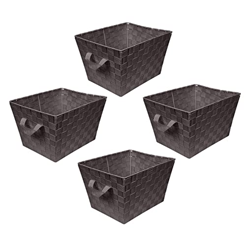 Image of Simplify Medium Woven Strap Tote | Decorative Storage Basket | 2 Handles | Organization | Closet | Bedroom | Bathroom | Nursery | Accessories | Toys | Gifts | 4 Pack | Chocolate
