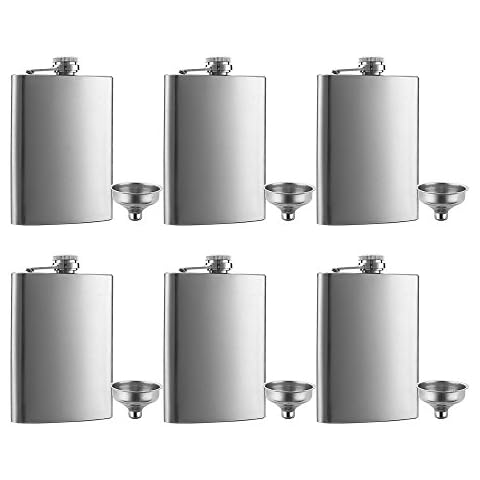 6 Pcs 8 oz Hip Stainless Steel Flask & Funnel Set by QLL, Easy Pour Funnel is Included, Great Gift Cover