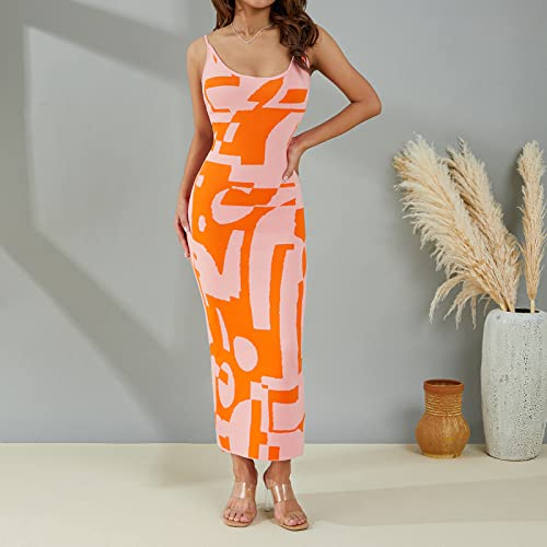 Pxiaopang Women's Knit Party Long Dress Sleeveless Cutout Backless Bodycon Dress(Ab-Geometric Pink Orange,S) #TOP1