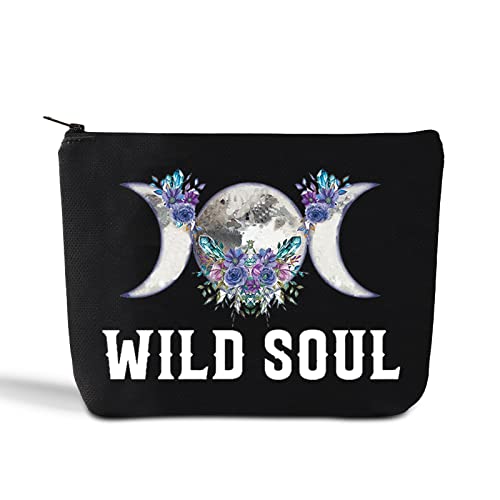 LEVLO Moon Phase Cosmetic Make Up Bag Moon Witch Gift Wild Soul Makeup Zipper Pouch Bag for Women Girls Wild Soul Black, Cosmetic Bag