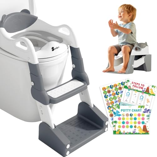 Image of Szwbee 3-in-1 Potty Training Toilet, Toddler Toilet Seat with Step Stool, Foldable Potty Ladder with Potty Chart, PU Cushion, Splash Guard, Anti-Slip Steps & Urinal for Boys & Girls, Grey