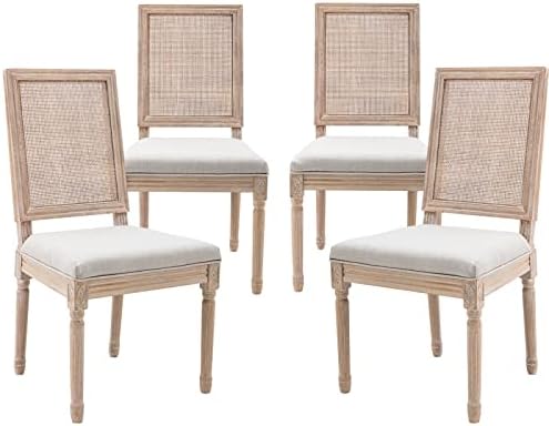 ZHENGHAO Farmhouse Dining Chairs Set of 4, French Country Rectangle Cane Back Kitchen Chairs Upholstered Comfy Chairs Retro Chairs with Distressed Wood for Dining Room, Beige