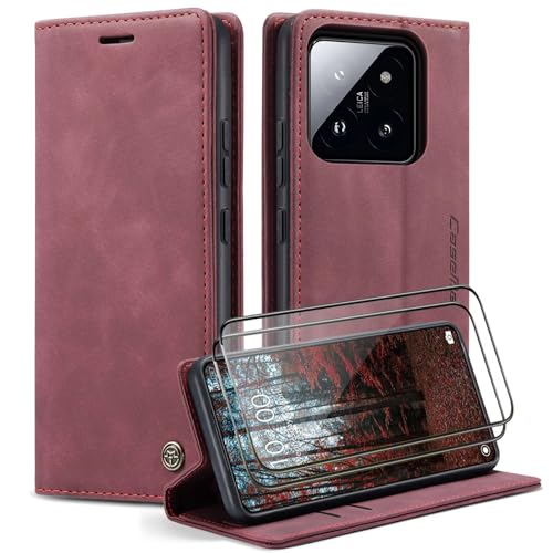 Coque Xiaomi 14T rouge en cuir avec protège-écran en verre trempé et fentes cartes