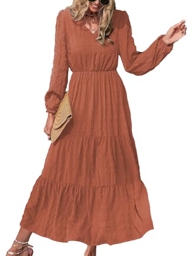 LUVCES Vestido Mujer Casual Boho Cuello en V Vestido Largo con Volantes Línea A Mangas Abullonadas Maxi Vestidos Otoño Invierno Vacacione Rojo ladrillo L