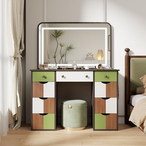 wanan Makeup Vanity Desk with Mirror and Lights, Wood Vanity