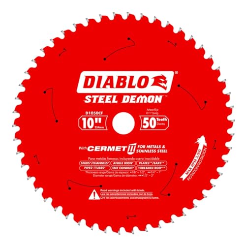 Diablo Steel Demon Cermet II Saw Blade for Medium Metal - 10" Diameter, 50 TCG Teeth, 1" Arbor, .083" Kerf, 0° Hook Angle, .071" Plate, 3000 Max RPM - D1050CF