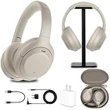 Sony WH-1000XM4 Wireless Noise-Canceling Over-Ear Headphones (Silver) with Mic for Phone-Call and Voice Control (WH1000XM4/S) + Headphone Stand + USB Adapter (Renewed)