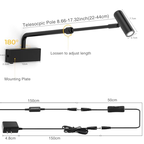 Hudyogy Picture Light for Wall with Retractable Arm, Rotatable Indoor Spotlight Plug in, Dimmable LED Picture Frame Light with Remote Control?2AAABattery Powered,Not Included?, Black Wall Light 2700K