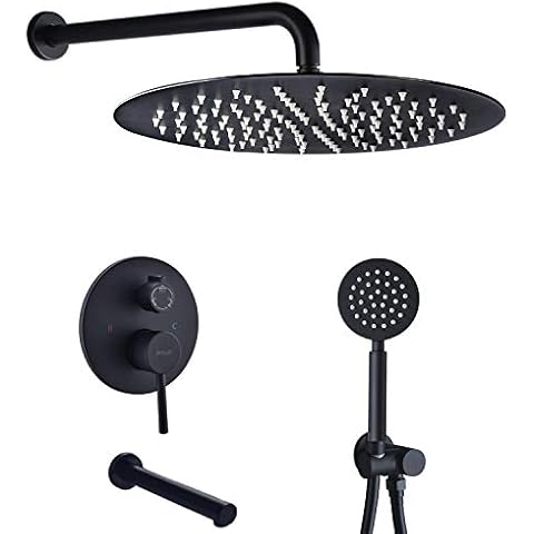 Artbath Bathtub Shower System with Tub Spout, Black Shower Tub Faucet Set with 12 Inch Rain Shower Head and Handheld Spary, Wall Mount 3 Function Tub and Shower Trim Kit with Rough-in Valve Cover