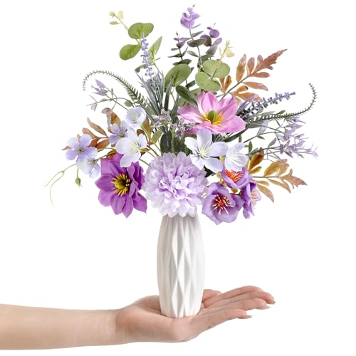 GAATEEK Small 11.8" Artificial Flowers in Ceramic Vase - Purple Silk Flower Centerpiece for Dining Table, Office, Wedding & Farmhouse, Home Decor Gifts