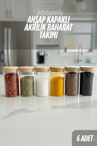 Etiket Hediyeli Ahşap Kapaklı Vakumlu Akrilik Baharatlık Takımı 6 Adet 200 Ml