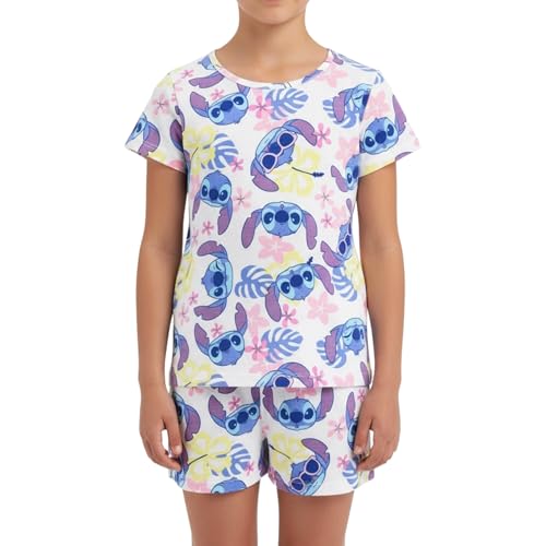 Disney Stitch Ensemble 2 Pièces pour Fille, Pyjama T-Shirt et Short à Imprimé Tropical, Taille 8 Ans | Blanc