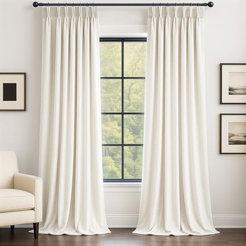 Drapenova Cream Velvet Pinch Pleated Curtains 84 Inches Long for Living Room Bedroom Modern Elegant Soft Velvet Drapes with Hooks White Room Darkening Thermal WindowTreatments W40 x L84, 2 Panels Set