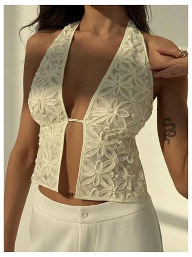 MakeMeChic Women's Floral Textured Halter Top Sleeveless Tie Back Elegant Cami Crop Tops2