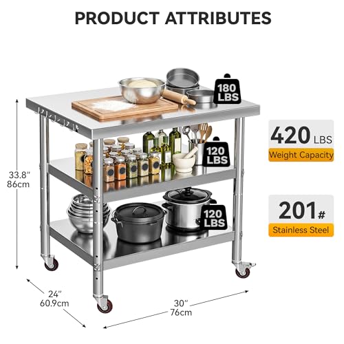 Image of DWVO 30x24in Stainless Steel Table with Wheels & 2 Adjustable Shelves | NSF Metal Prep Worktable for Kitchen Restaurant Hotel Garage Warehouse Home Commercial