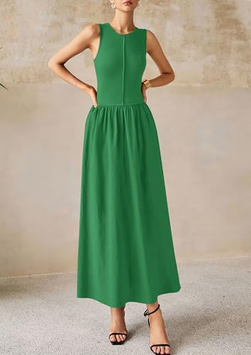 Image of PRETTYGARDEN Maxi Dresses for Women 2026 Summer Casual Sleeveless Patchwork Flowy Vacation Sundress Knit Long Work Tank Dress