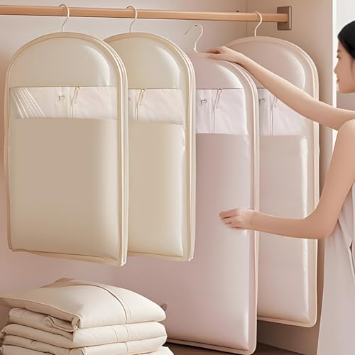 2025 New Space Saving Hanging Garment Bag with Self Compression Zipper, Upgrade Dust Cover Clothes Bags for Down Coat, Closet Organizers Heavy Duty Garment Bag Winter Coat Storage (Beige, L)2